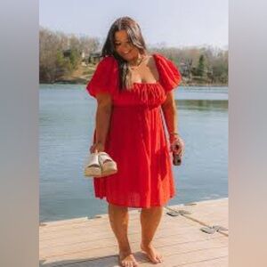 Anthropologie See You Monday red orange off shoulder, sleeve short dress